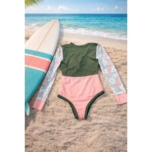 Womens Long Sleeve Surfing Swimsuit Rash Guard Floral Open Back Tie Size L
